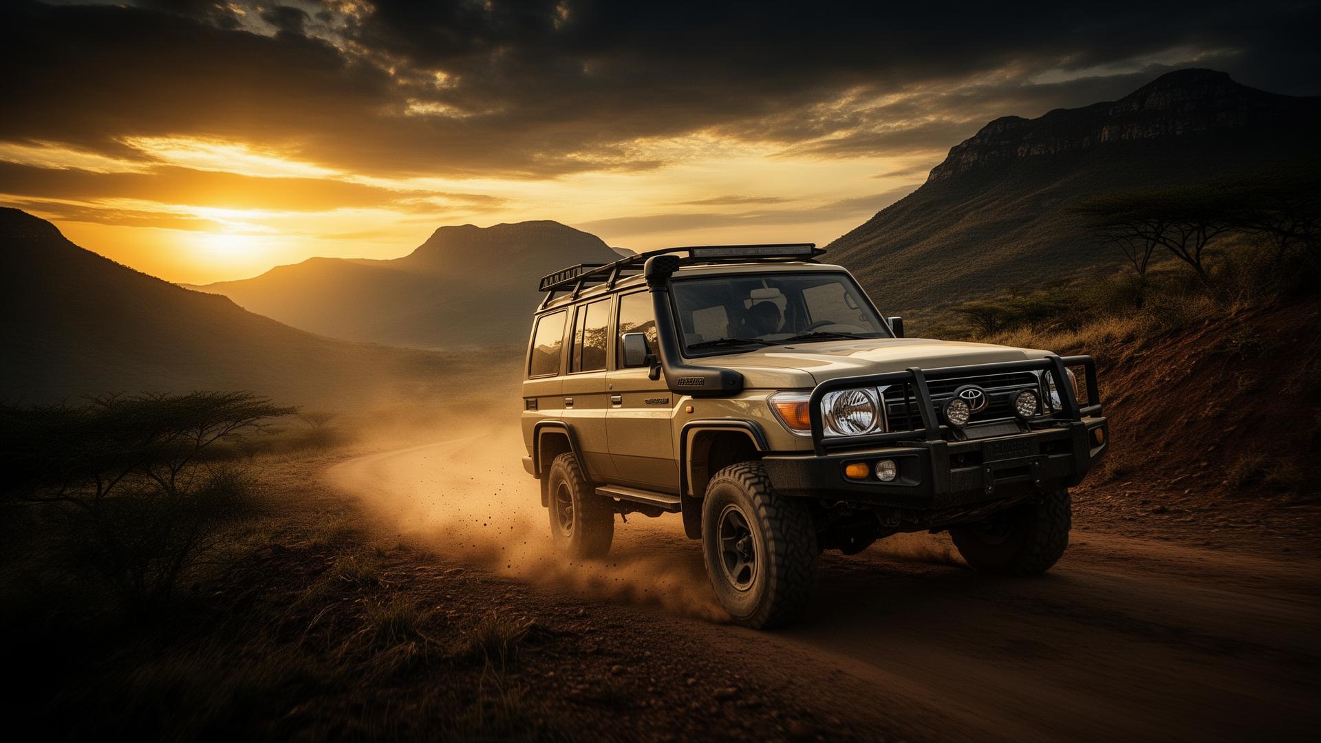 4x4 driving across an African mountain pass at sunset